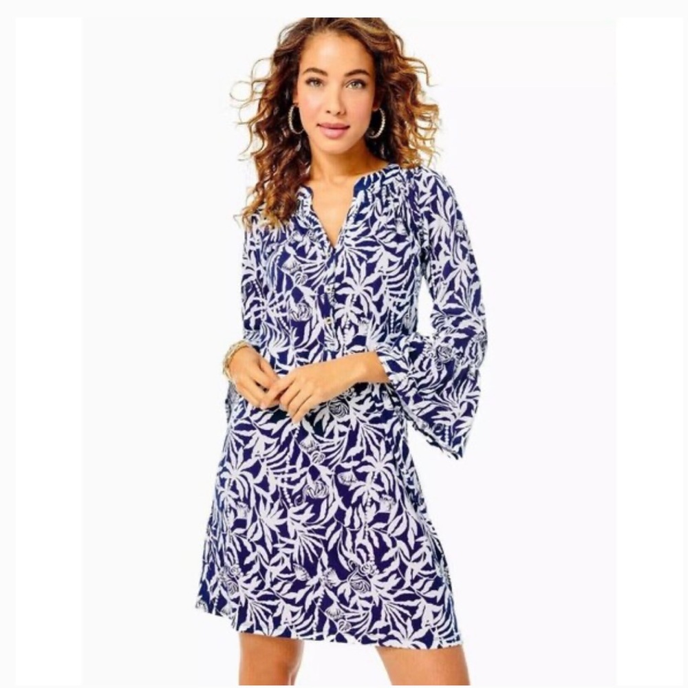 Lilly Pulitzer Navy and White Leaf Print Cotton Mini Dress